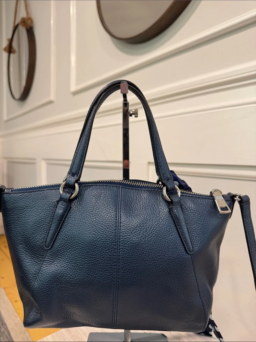 COACH Bag Mini Kelsey Pebbled Leather Metallic Navy Tote Crossbody - Picture 9 of 17